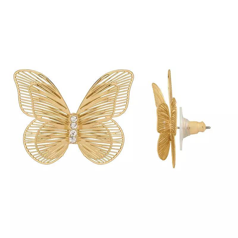 Emberly Gold Tone Two Layer Metal Detail Butterfly Stud Earrings, Womens, Clear Product Image