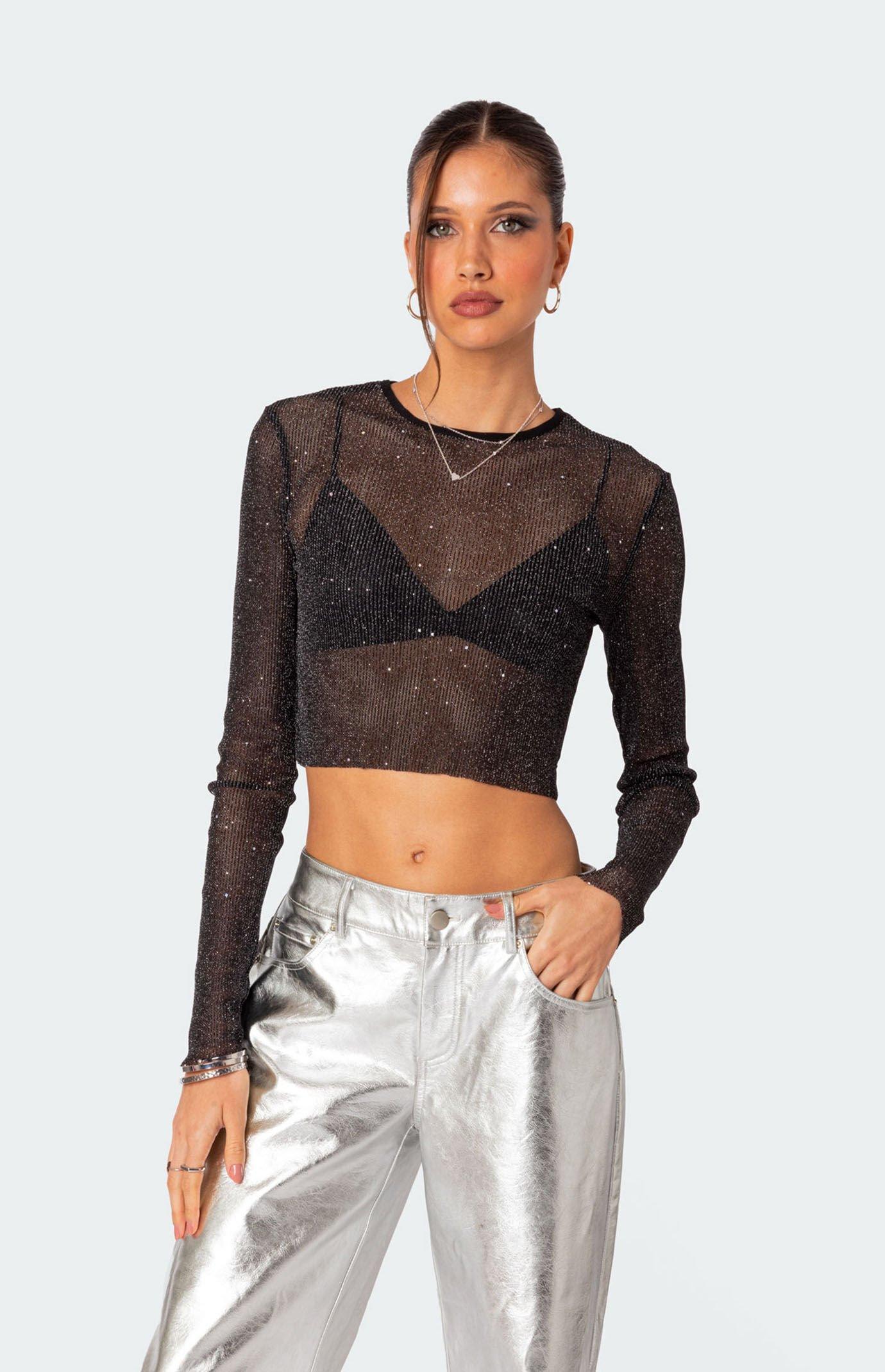 Edikted Women's Marly Sheer Shimmer Sequin Long Sleeve Top product image