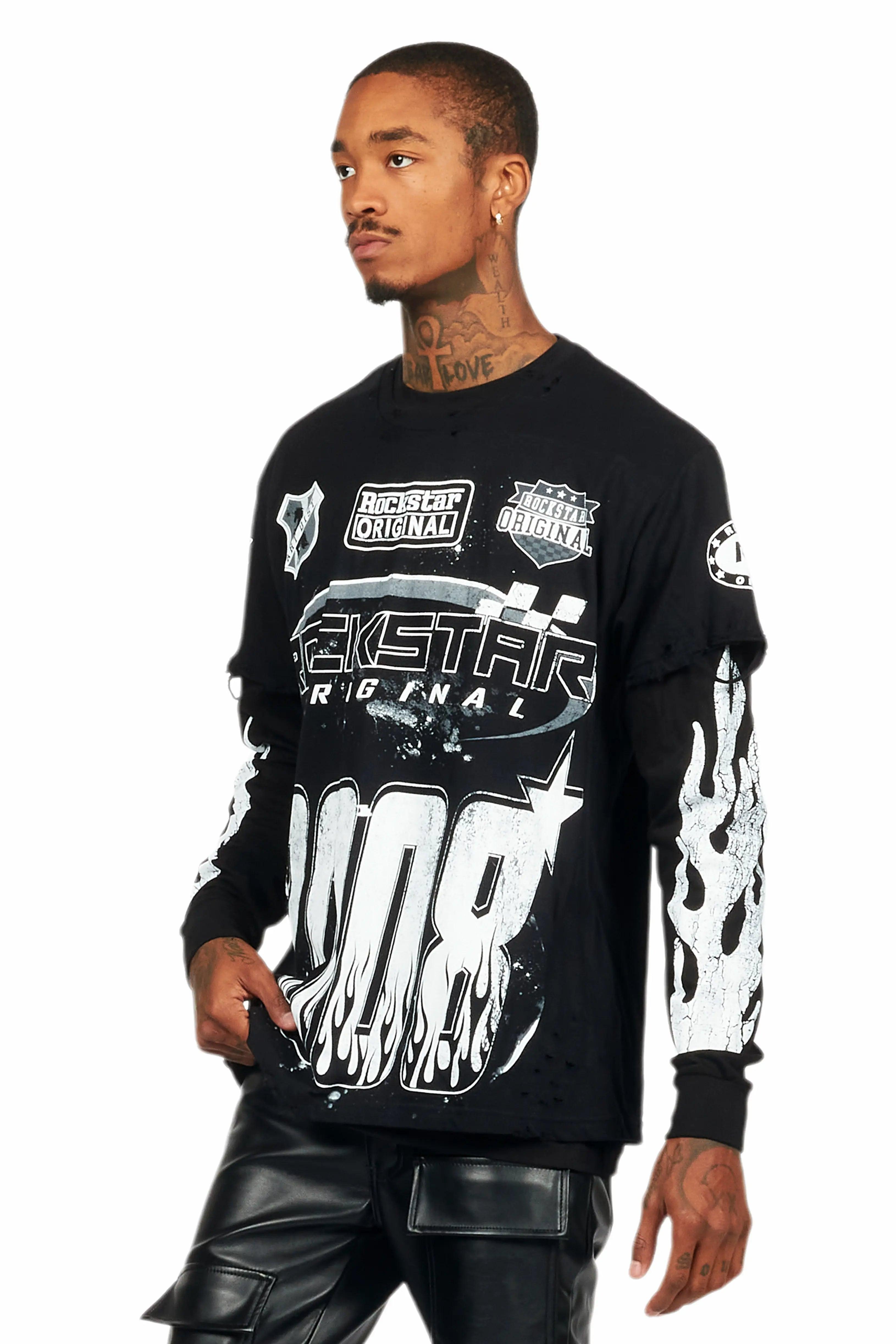 Amos Black/White Double Layer Long Sleeve Graphic T-Shirt Male Product Image