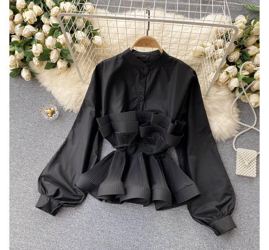 Long-Sleeve Plain Ruffle Trim Peplum Blouse Product Image