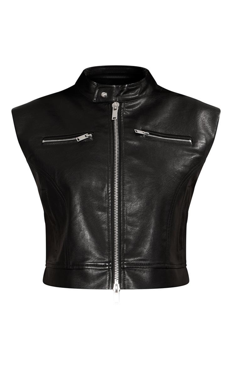 Petite Black Sleeveless Collared Faux Leather Vest Product Image