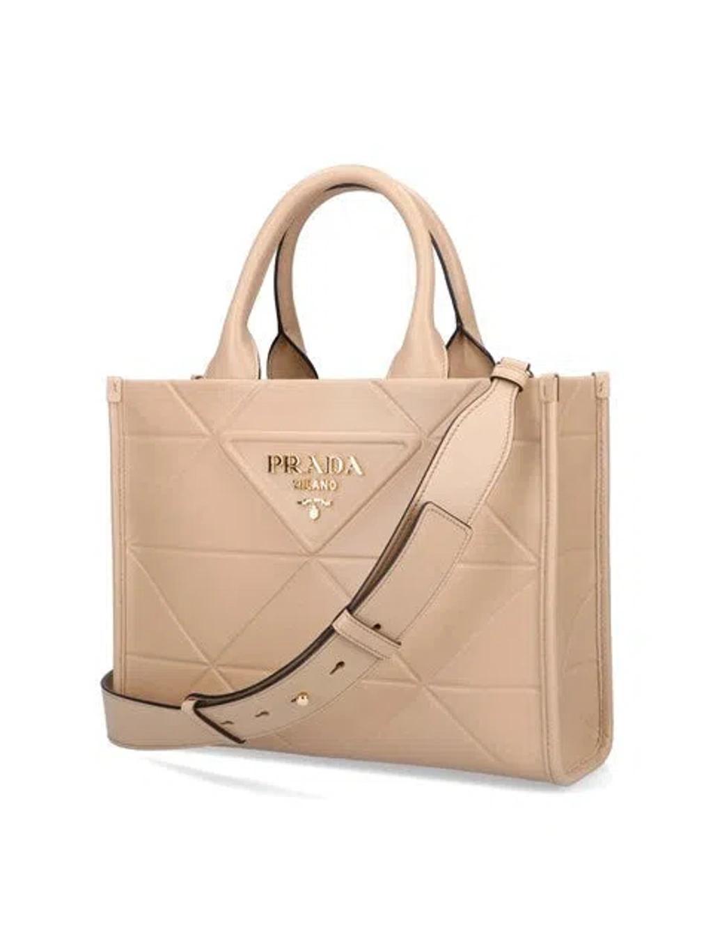 PRADA Logo Midi Handbag In Cream Product Image