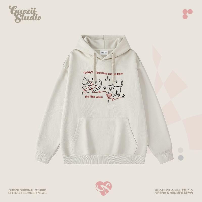 Cat Print Drawstring Hoodie Product Image