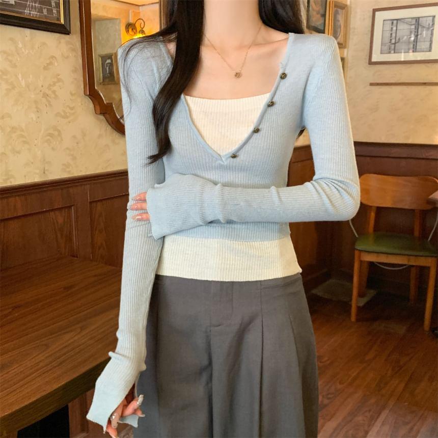 Long Sleeve V-Neck Mock Two Piece Ribbed Knit Top Product Image