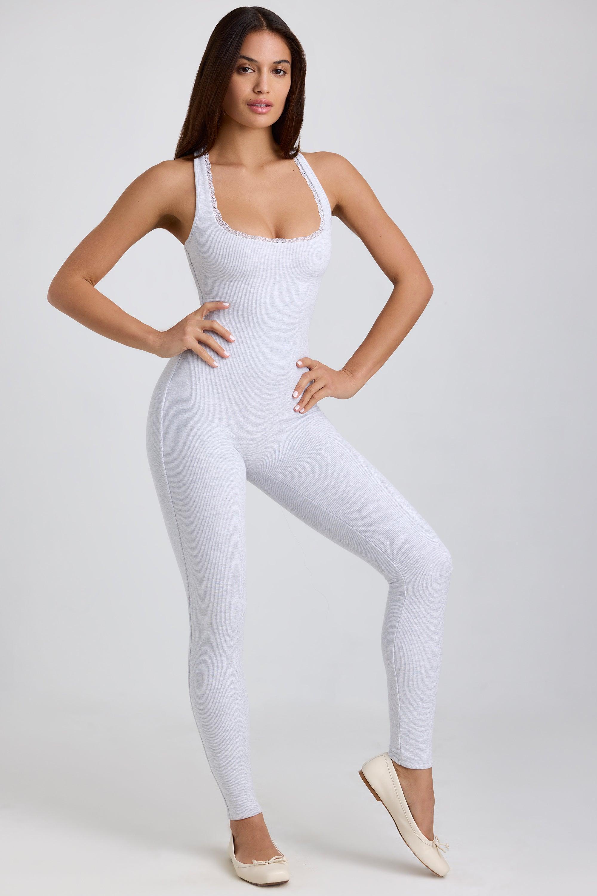 Tall Ribbed Modal Lace-Trim Jumpsuit in Grey Product Image