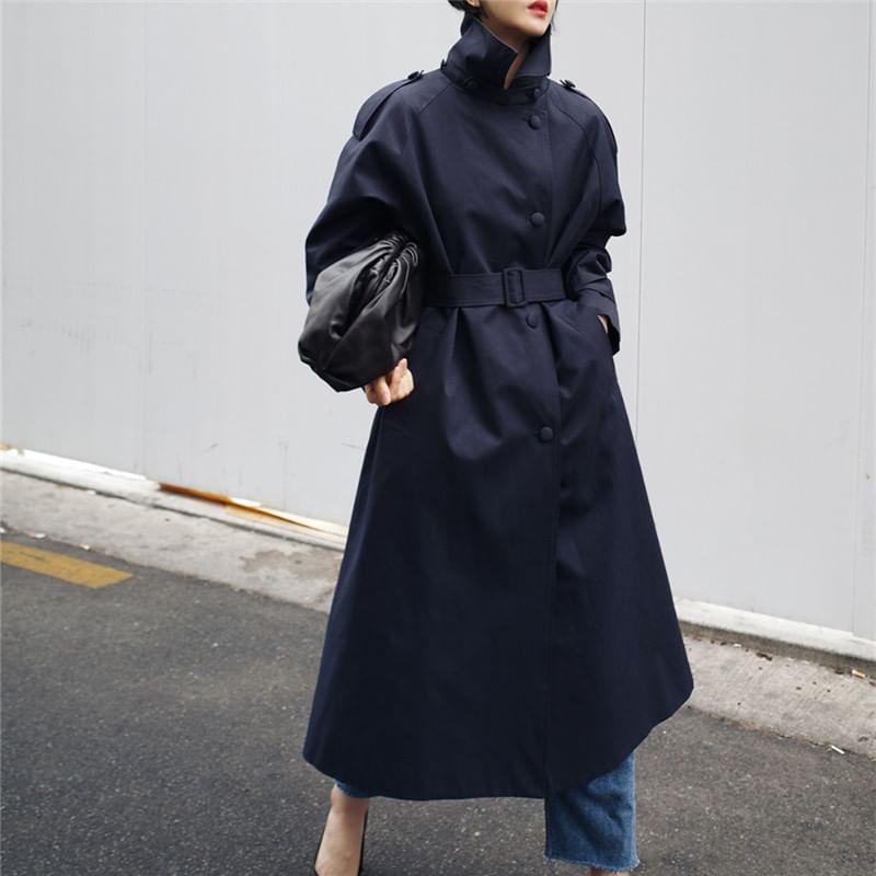 Turtleneck Button-Up Plain Long Trench Coat product image