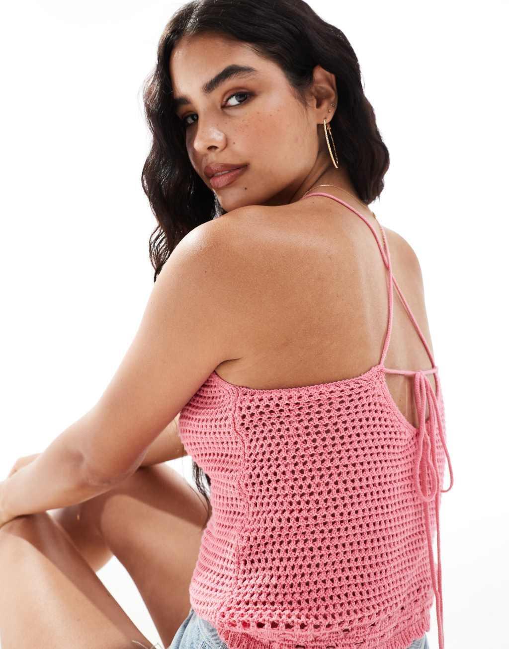 Mango knitted halter crochet top in pink Product Image