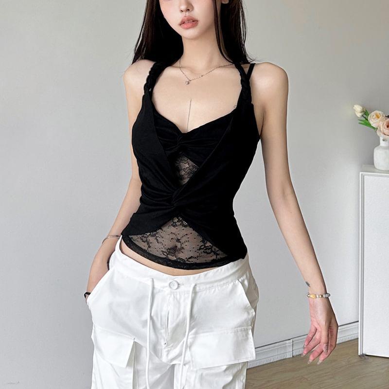 Halter Plain Twist Panel Lace Top Product Image