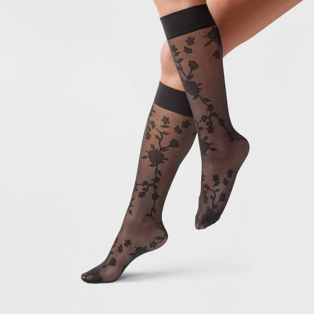 Womens Viney Floral Sheer Fashion Knee Highs - A New Day Black One Size Fits Most Product Image