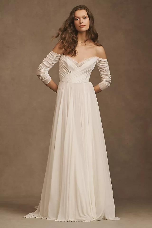 Wtoo by Watters Miles V-Neck Ruched-Sleeve Mesh Wedding Gown Product Image