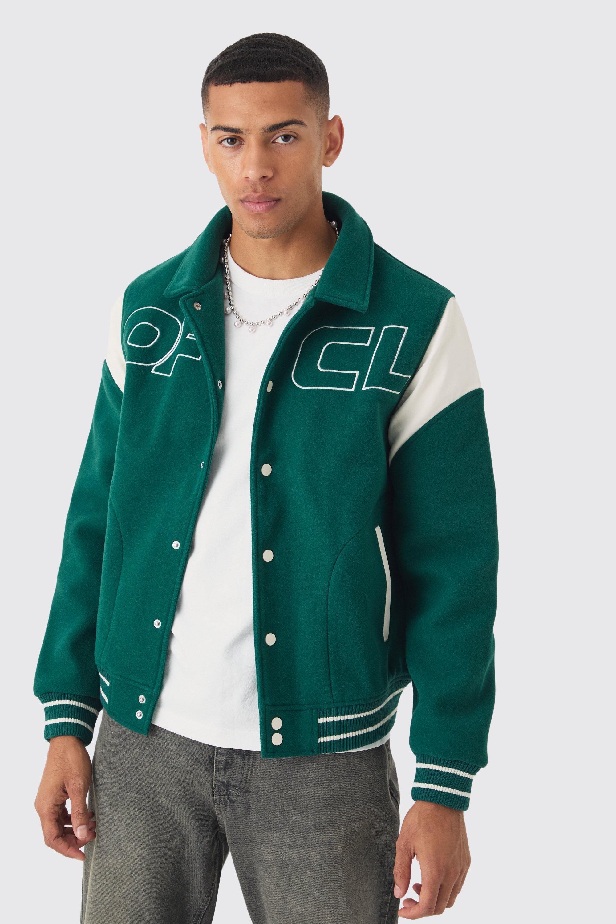 OFCL Collared Varsity Jacket In Green | boohooMAN USA Product Image