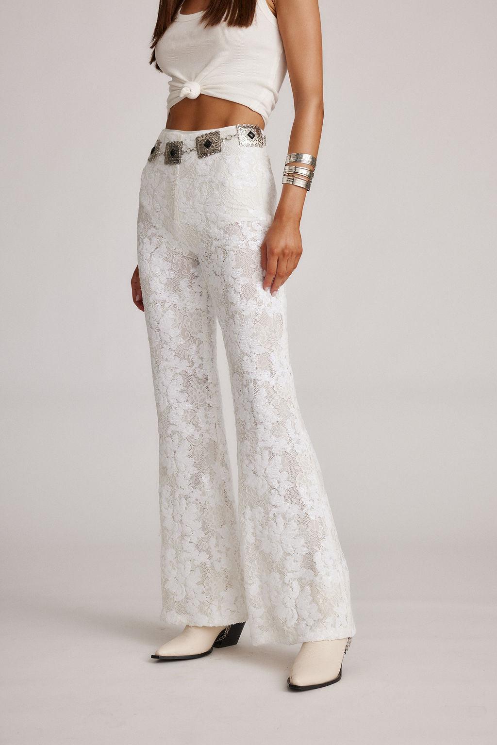 Maddox White Sequin Lace Pants Product Image