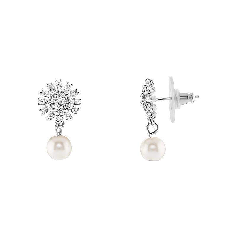 Emberly Silver Tone Pave Simulated Pearl Flower Drop Earrings, Womens, Grey Product Image