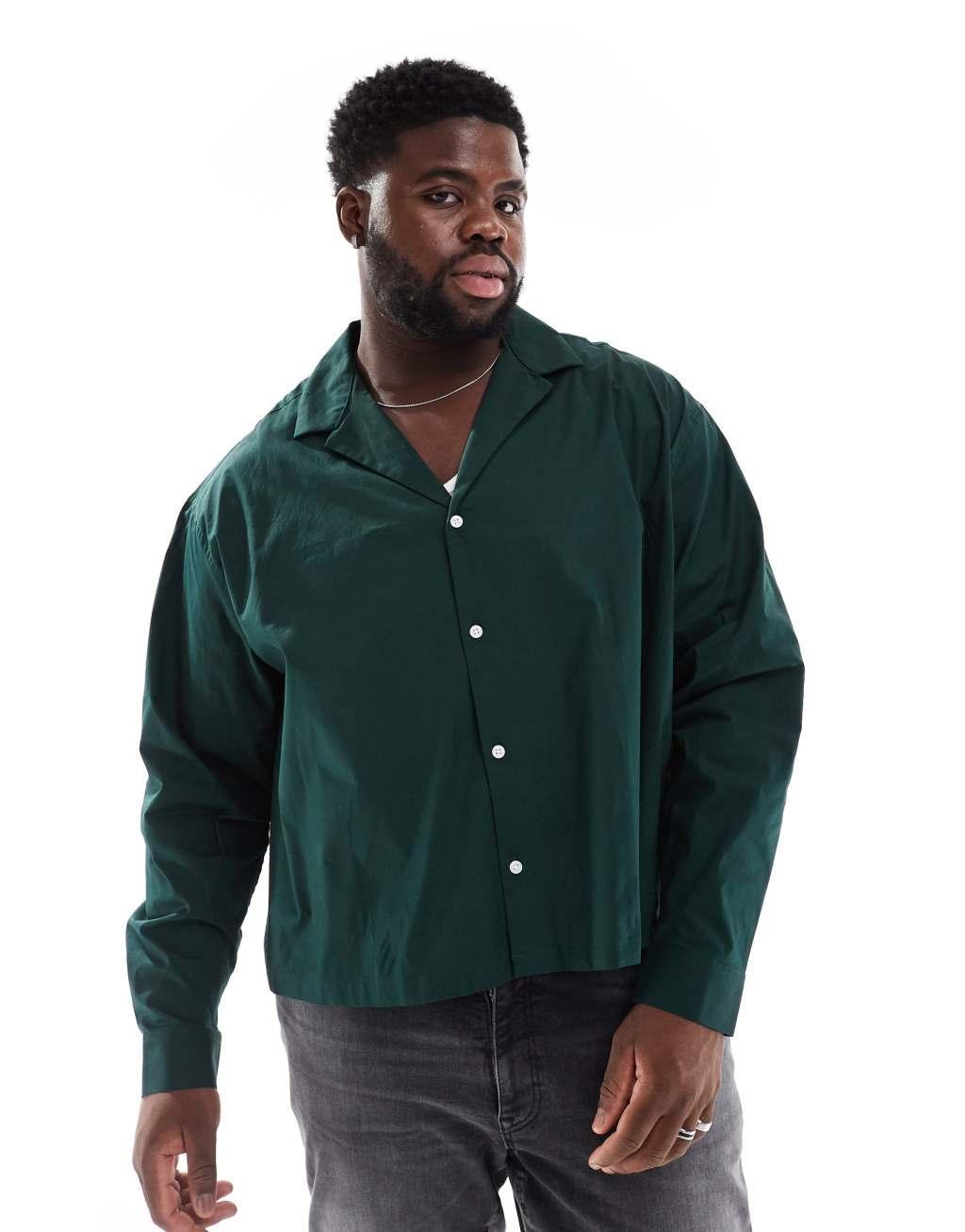 ASOS DESIGN boxy oversized poplin shirt with deep revere collar in dark green Product Image