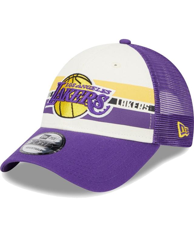 Mens New Era Los Angeles Lakers Stripes 9FORTY Trucker Snapback Hat Product Image