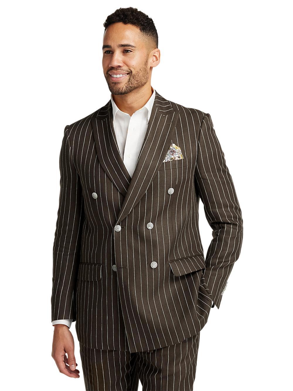 Linen Pinstripe Double Breasted Peak Lapel Suit Jacket - Dark Brown Product Image