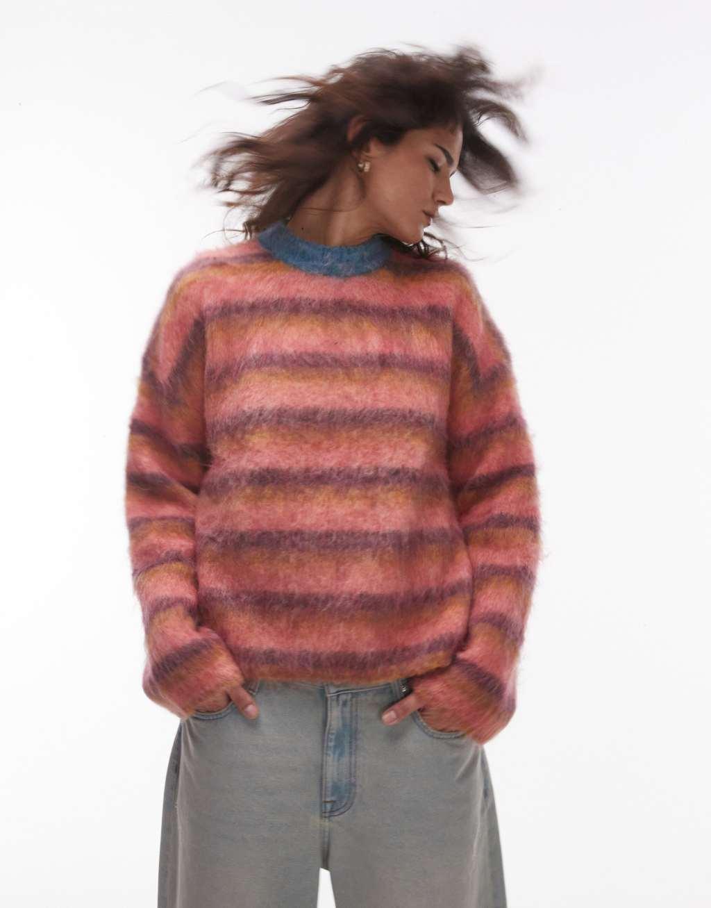 Topshop knitted ultra fluffy relaxed sweater in pink ochre and purple stripe Product Image