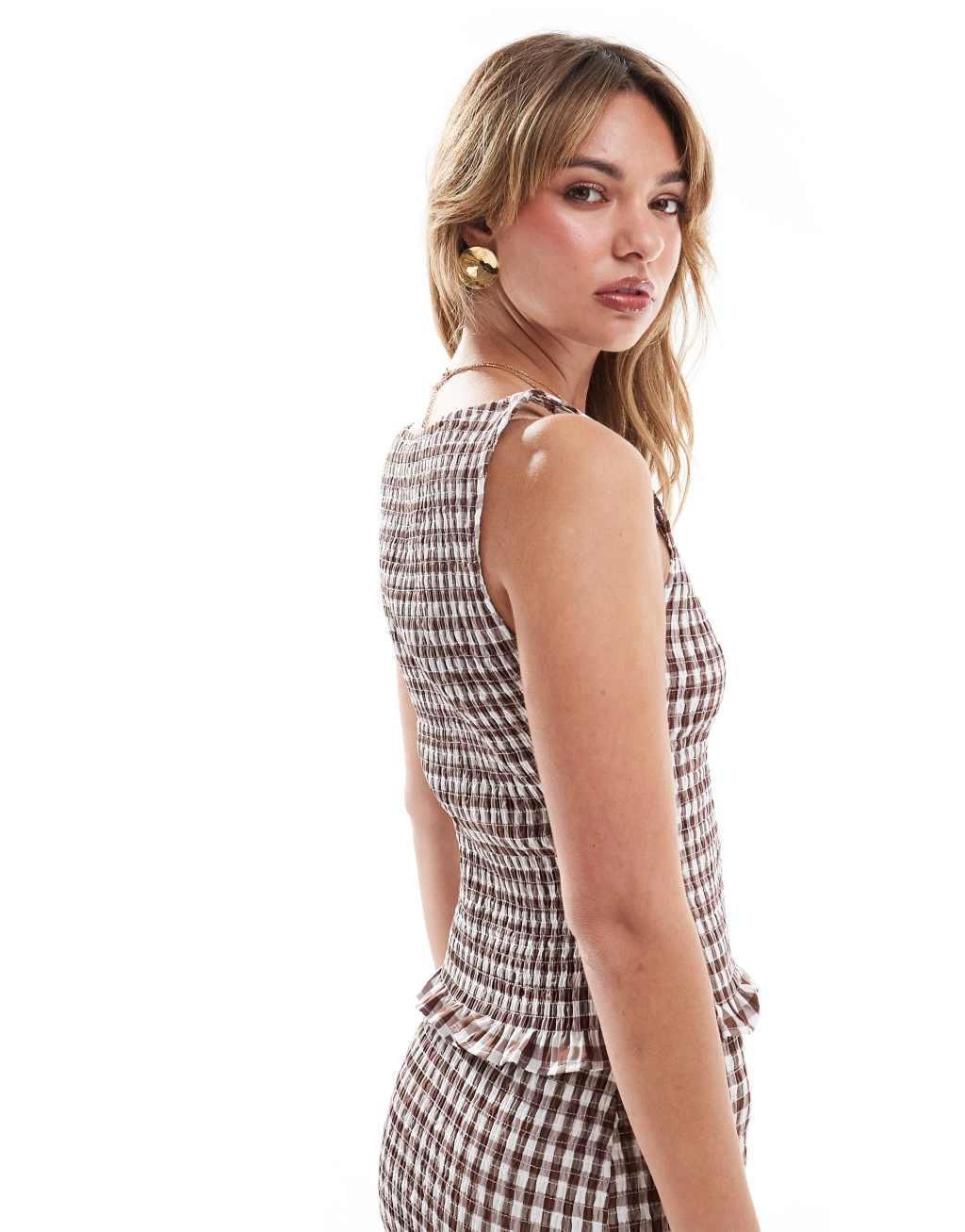 ASOS DESIGN shirred slash neck top in brown gingham - part of a set Product Image