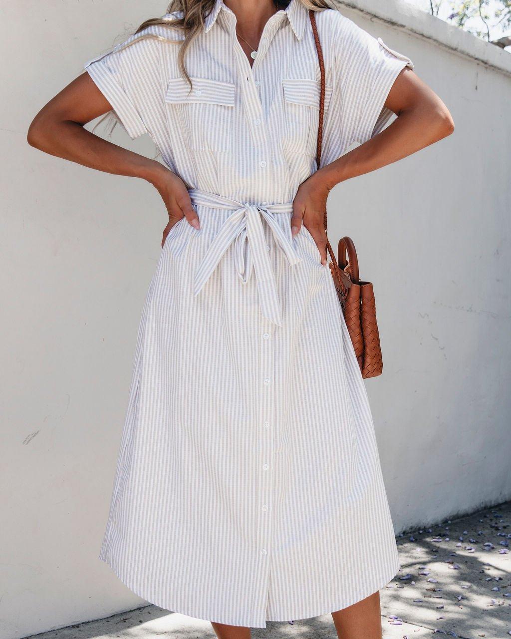 Taupe Stripe Belted Midi Dress - FINAL SALE Female Product Image