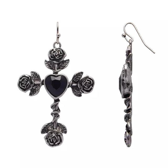 Emberly Hematite Tone & Simulated Stone Rose Cross Earrings, Womens, Black Product Image