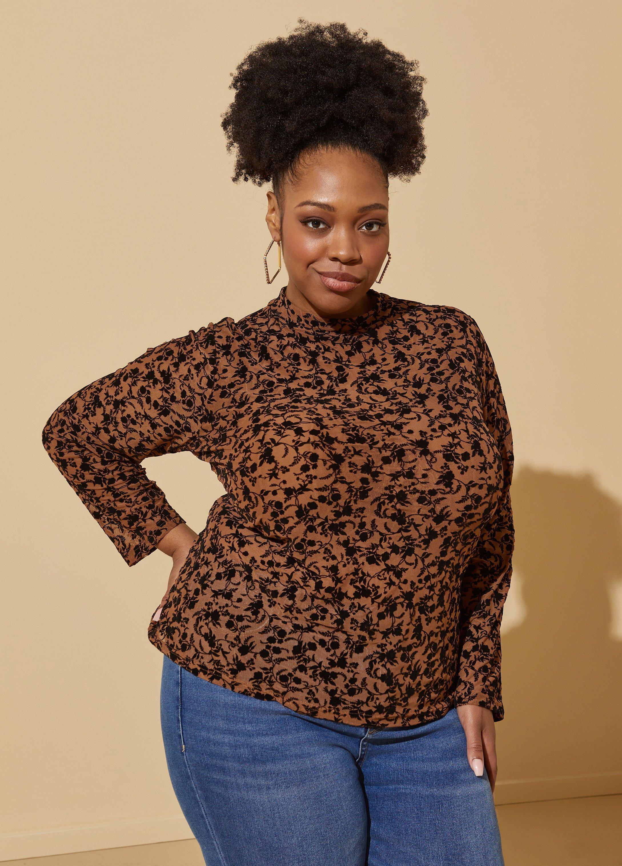 Plus Size Floral Flocked Mesh Top Ashley Stewart Product Image