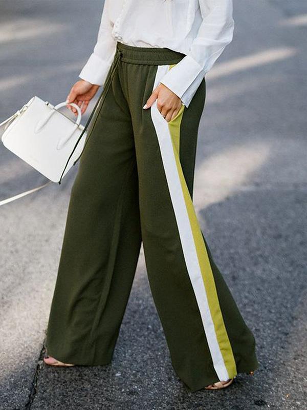 Loose Wide Leg Contrast Color Drawstring Elasticity Split-Joint Pants Trousers Product Image