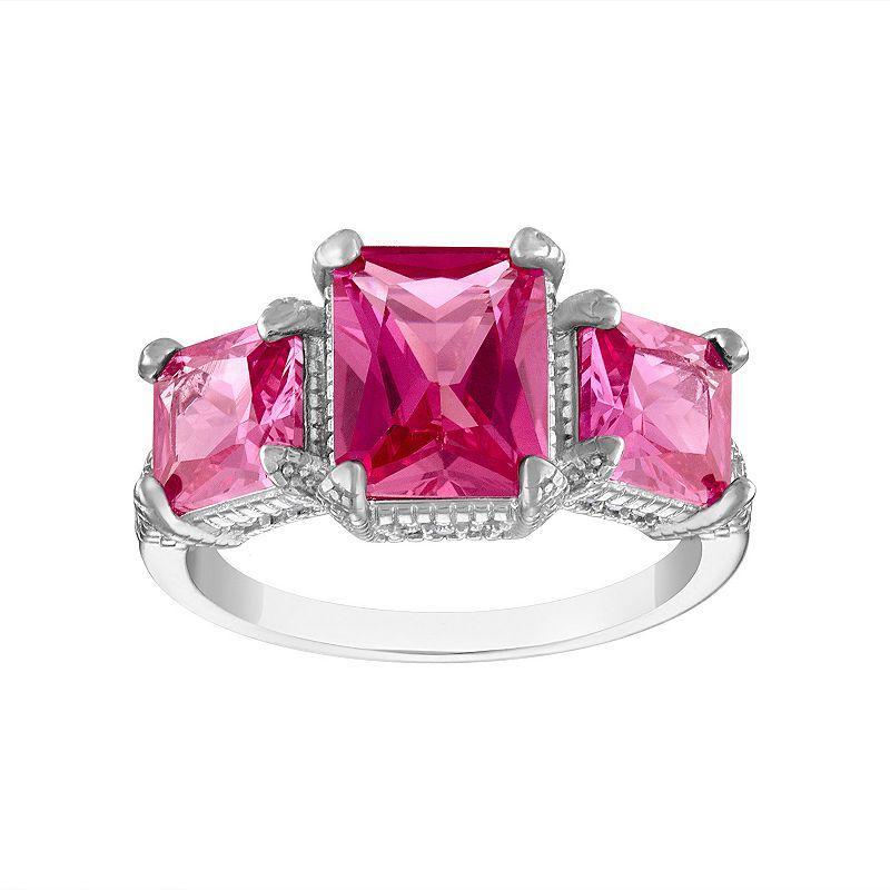 Designs by Gioelli Sterling Silver Gemstone 3-Stone Ring, Womens Lab Created Pink Spphr Product Image