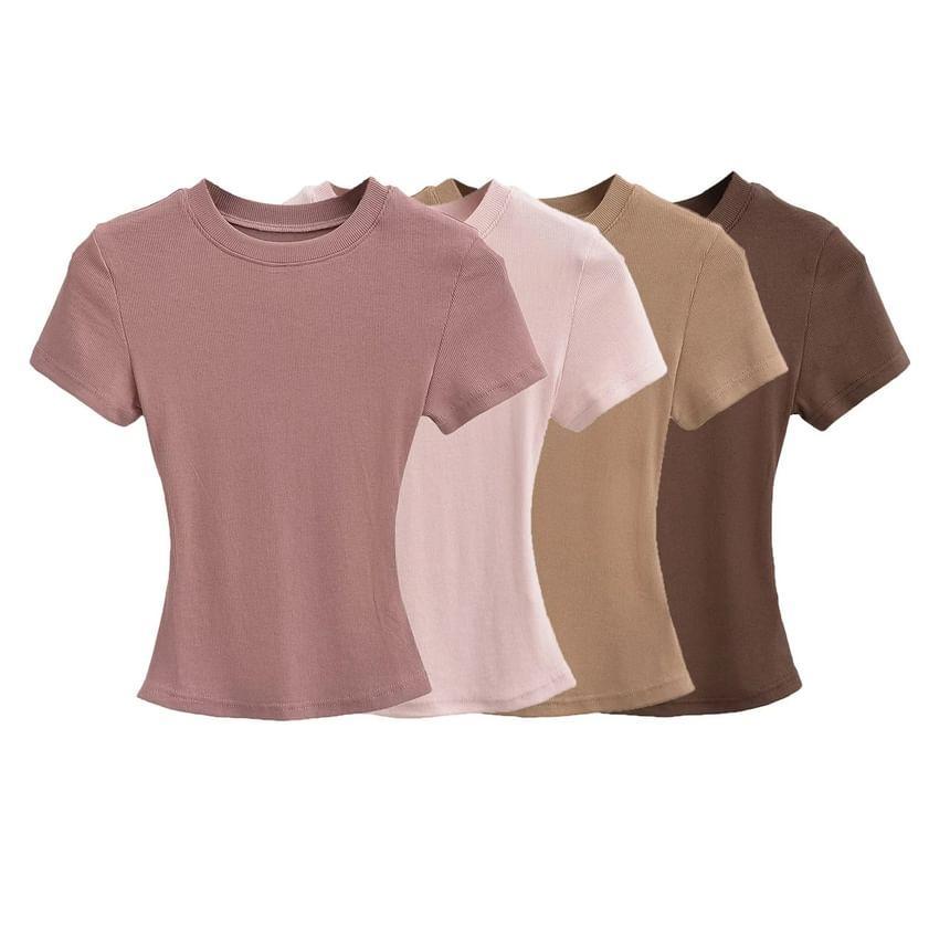 Short Sleeve Plain Slim-Fit Crop Top Product Image