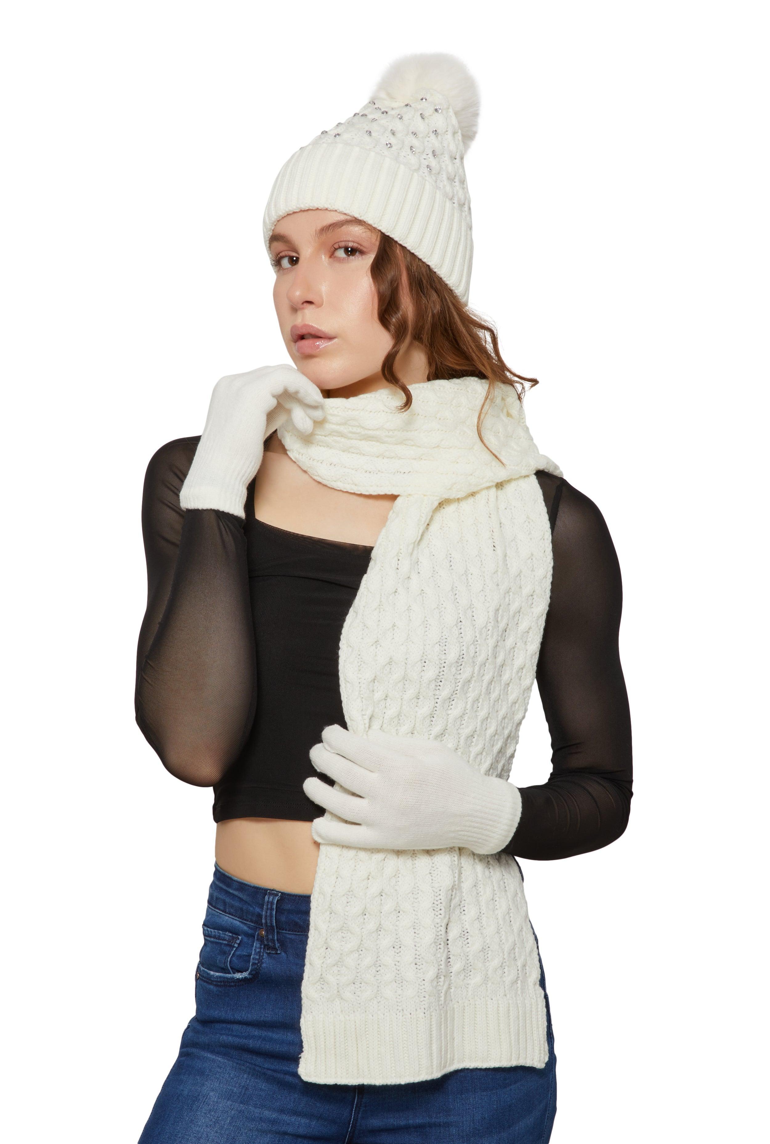 Womens Rhinestone Beanie with Cable Knit Scarf and Gloves Product Image