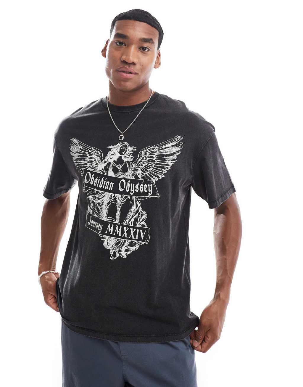 ADPT oversized t-shirt with angel chest print in black wash Product Image