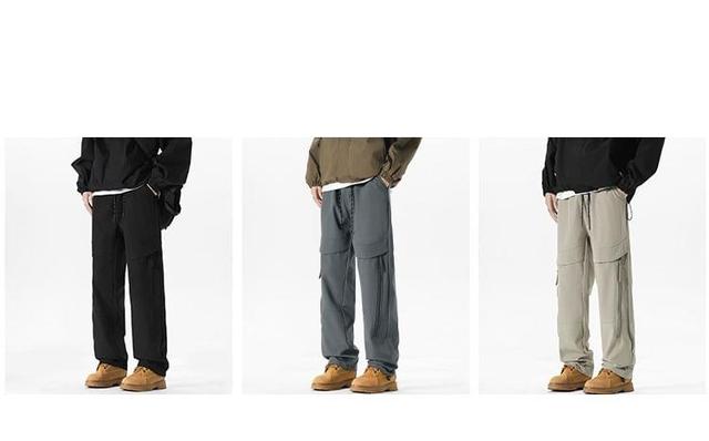 Drawstring Waist Plain Zipped Loose Fit Cargo Pants Product Image