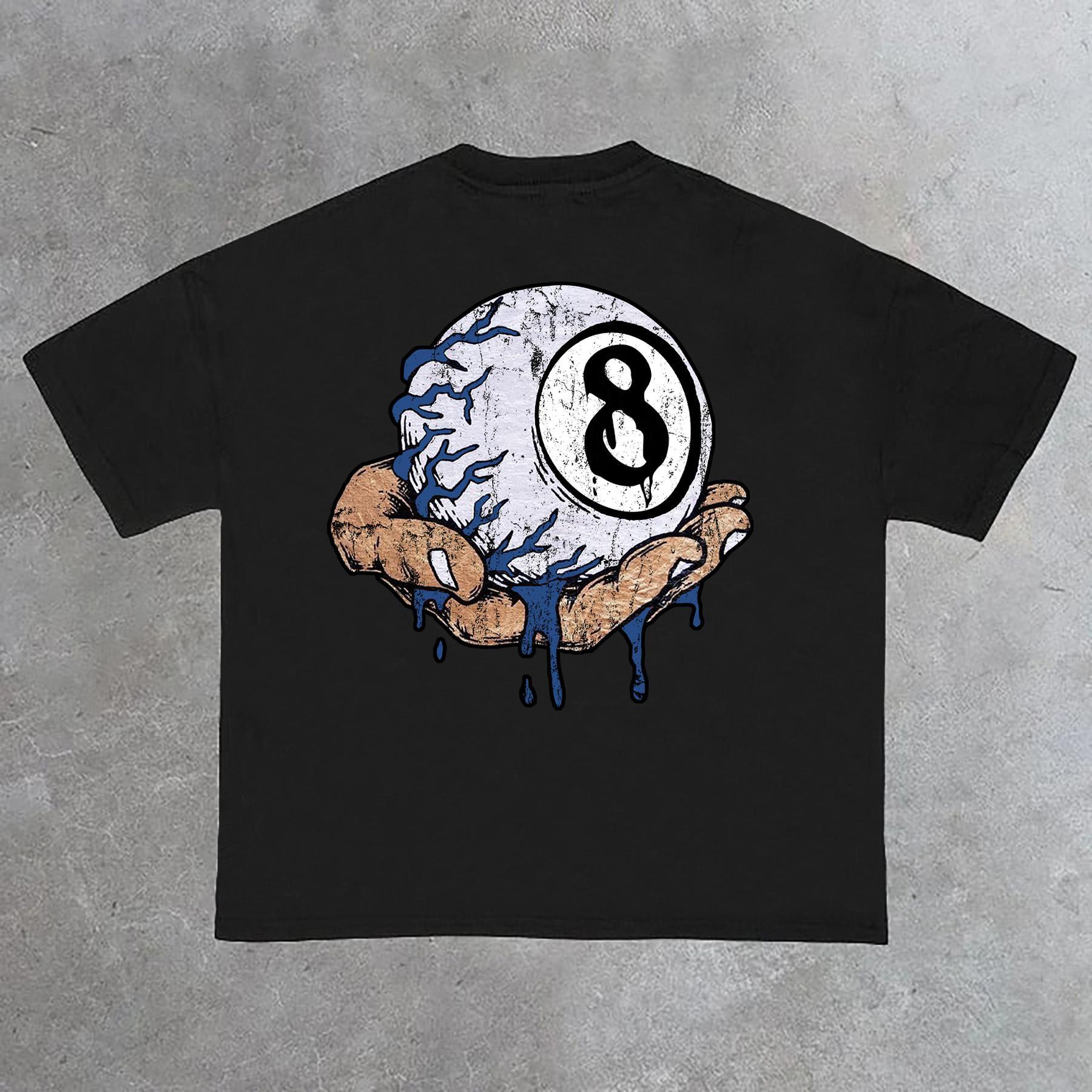 Hand Holding 8 Ball Fun Retro Print Cotton T-Shirt Product Image