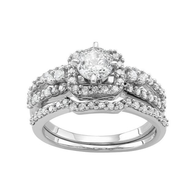 10k White Gold 1 Carat T.W. Diamond Tiered Halo Engagement Ring Set, Womens Product Image