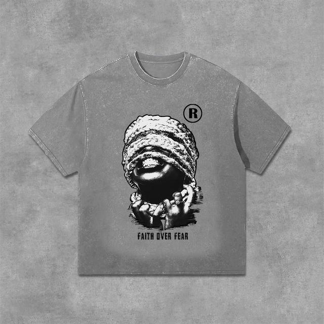 Vintage Mummy Faith Over Fear Graphic Print Casual Acid Washed T-Shirt Product Image