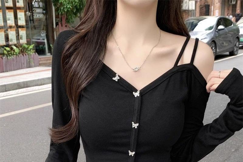 Long Sleeve Cold-Shoulder Butterfly Button Slim-Fit Top Product Image