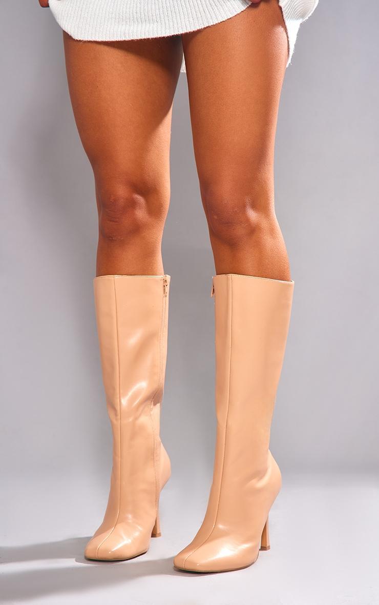 Nude Wide Fit Faux Leather Square Toe Heeled Knee High Boots Product Image