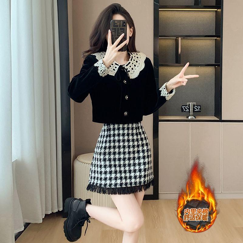 Set: Collared Quilted Lining Lace Panel Velvet Button Jacket + High Waist Fringe Houndstooth Mini A-Line Skirt Product Image