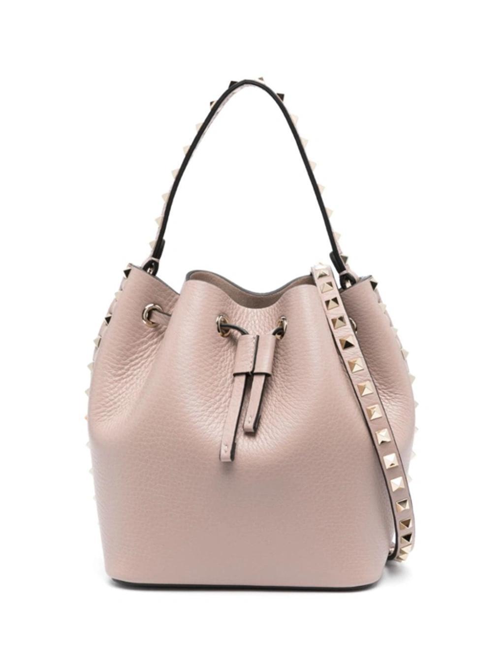 Rockstud Leather Bucket Bag In Pink Product Image