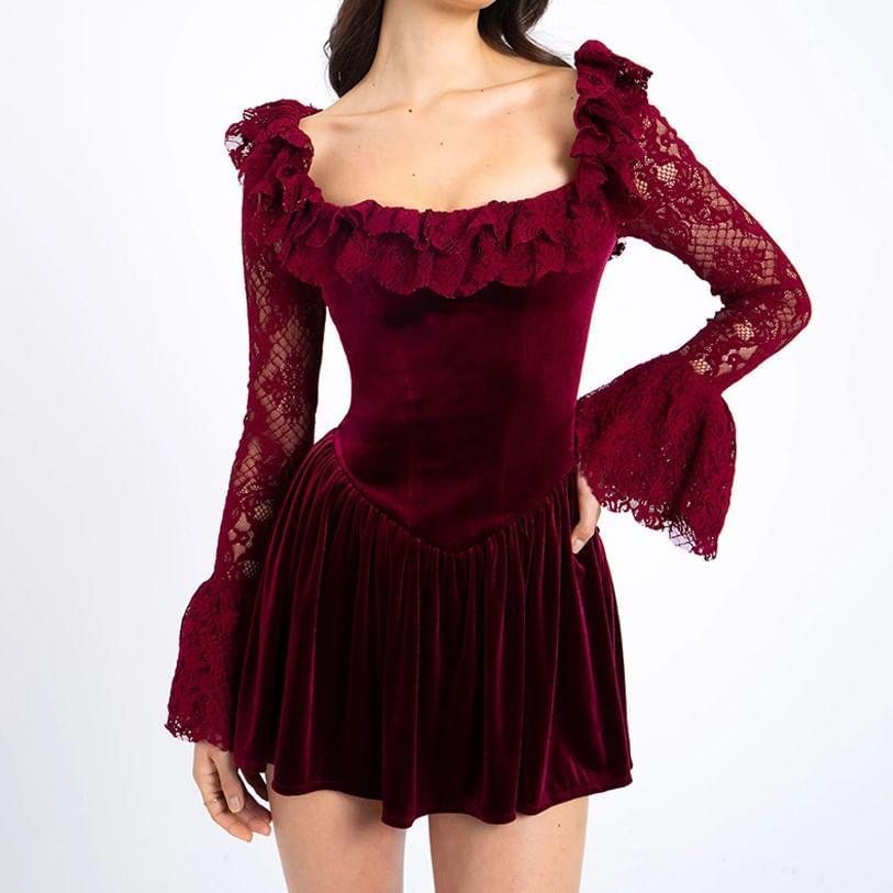 Flare-Sleeve Square Neck Lace Mini A-Line Dress Product Image