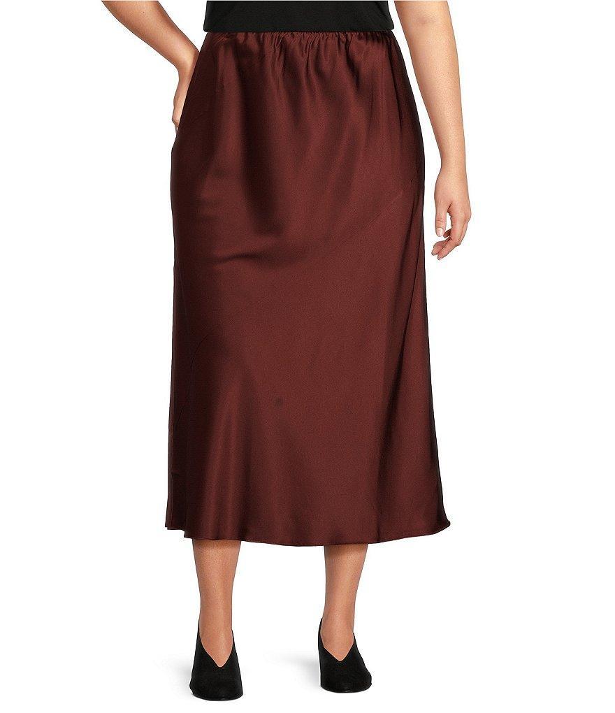 Eileen Fisher Plus Size Bias Stretch Silk Charmeuse A-Line Pull-On Midi Skirt product image