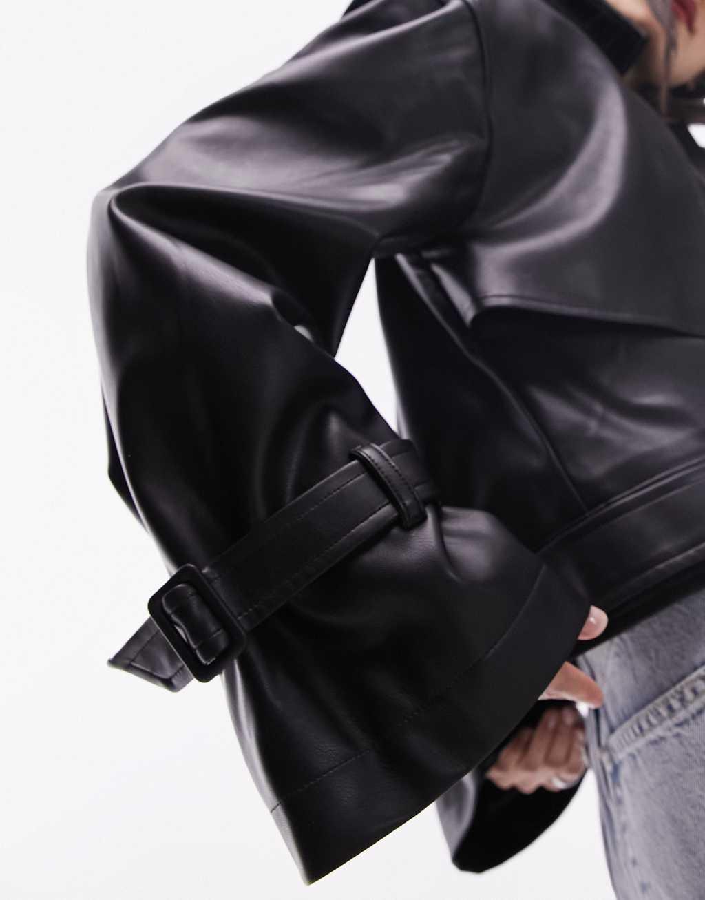 Topshop faux leather cropped trench jacket in black Product Image