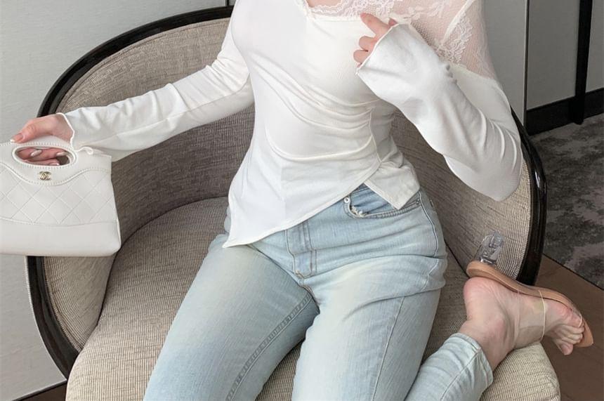 Long Sleeve V-Neck Plain Asymmetrical Panel Lace Top Product Image