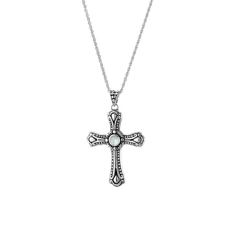 Sterling Silver Mother-Of-Pearl Textured Cross Pendant Necklace, Womens, Size: 16, White Product Image