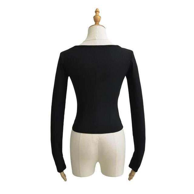 Long Sleeve Mock Two Piece Lace-Trim Color-Block Slim-Fit Top Product Image