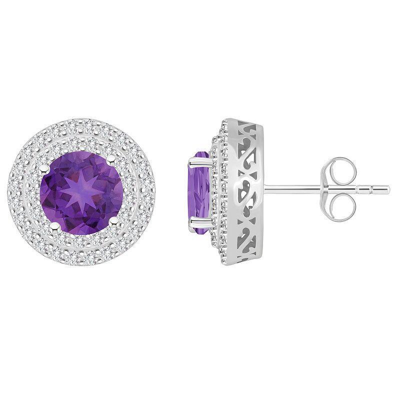 Celebration Gems Sterling Silver Round-Cut Amethyst & White Topaz Double Halo Stud Earrings, Womens Product Image