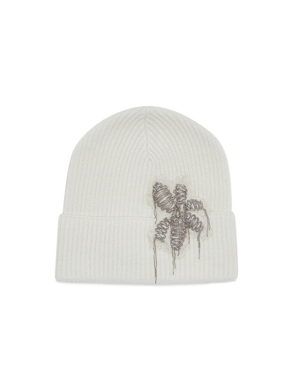 Womens Cashmere Rib Knit Beanie with Precious Flower Crest product image