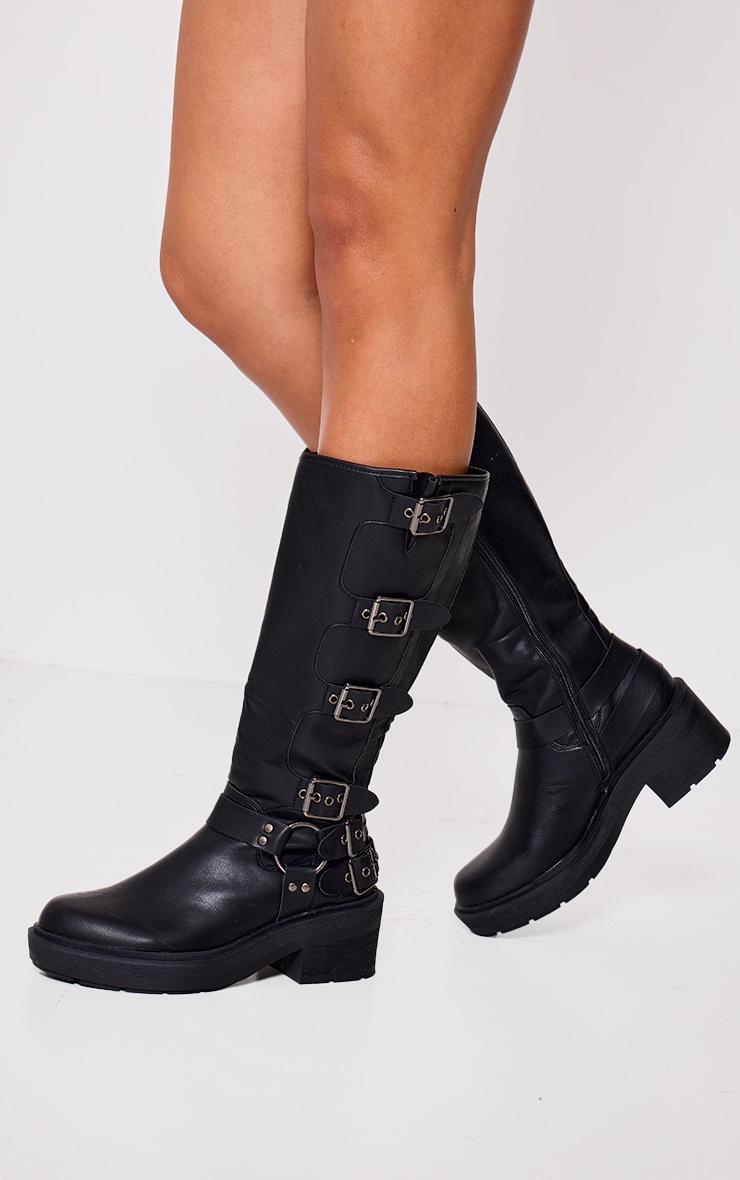 Black Pu Round Toe Multi Buckle Eyelet Knee High Boots Product Image