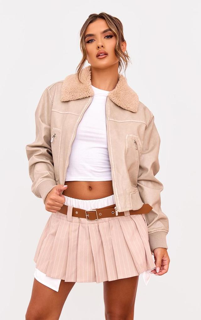 Stone Soft Pu Contrast Collar Cropped Jacket Product Image