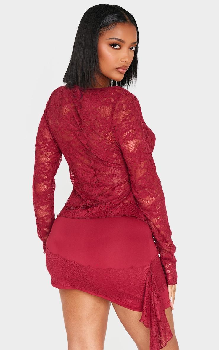  Shape Red Lace Tie Split Front Long Sleeve Top Product Image