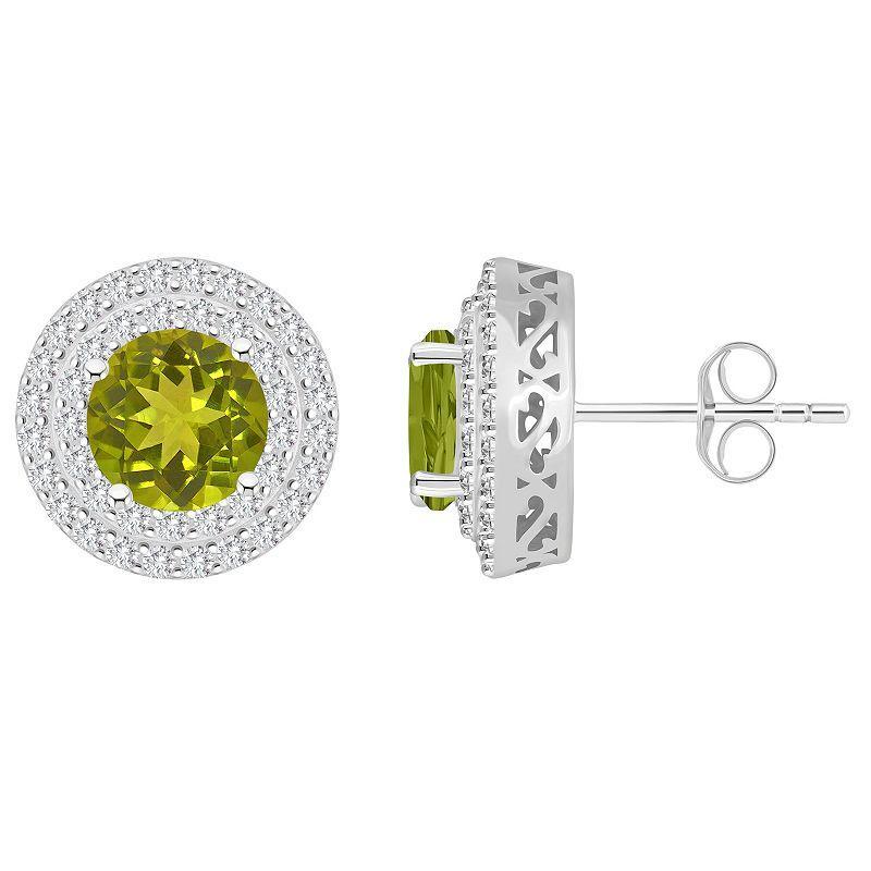 Celebration Gems Sterling Silver Round-Cut Peridot & White Topaz Double Halo Stud Earrings, Womens, Green Product Image